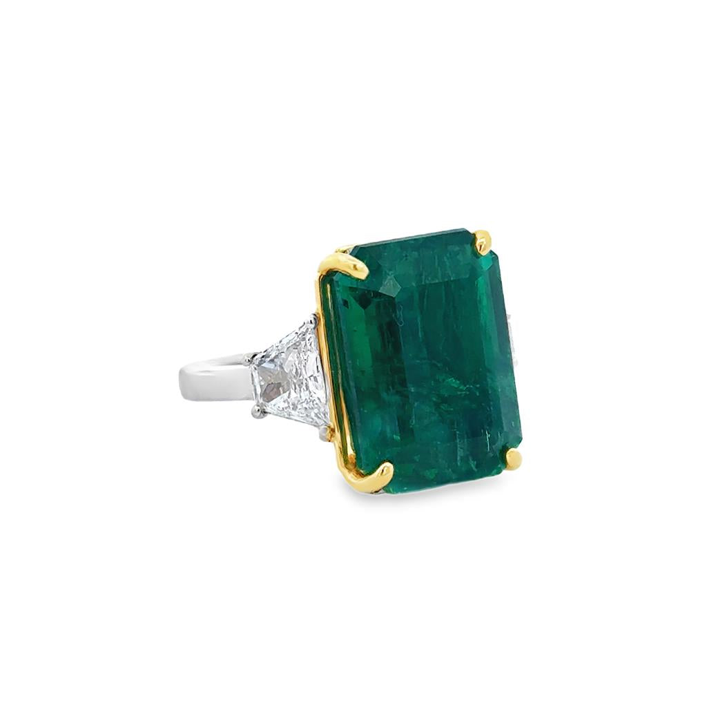 12.89 CT Emerald & 1.23 CTW Diamond 18K Two-Tone Gold 3 Stone Ring