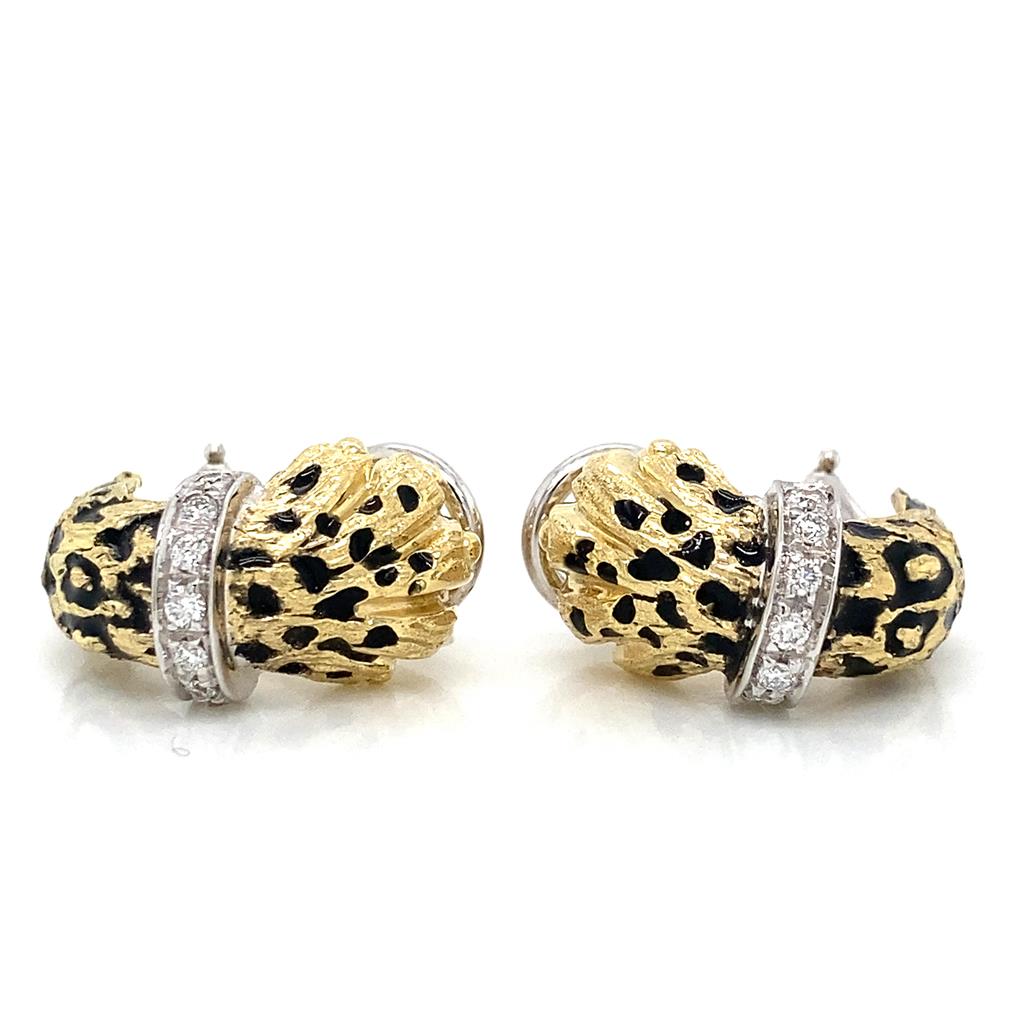 Sal Praschnik 0.17 CTW Round Diamond 18K Yellow Gold Enamel Cheetah Paw Earrings