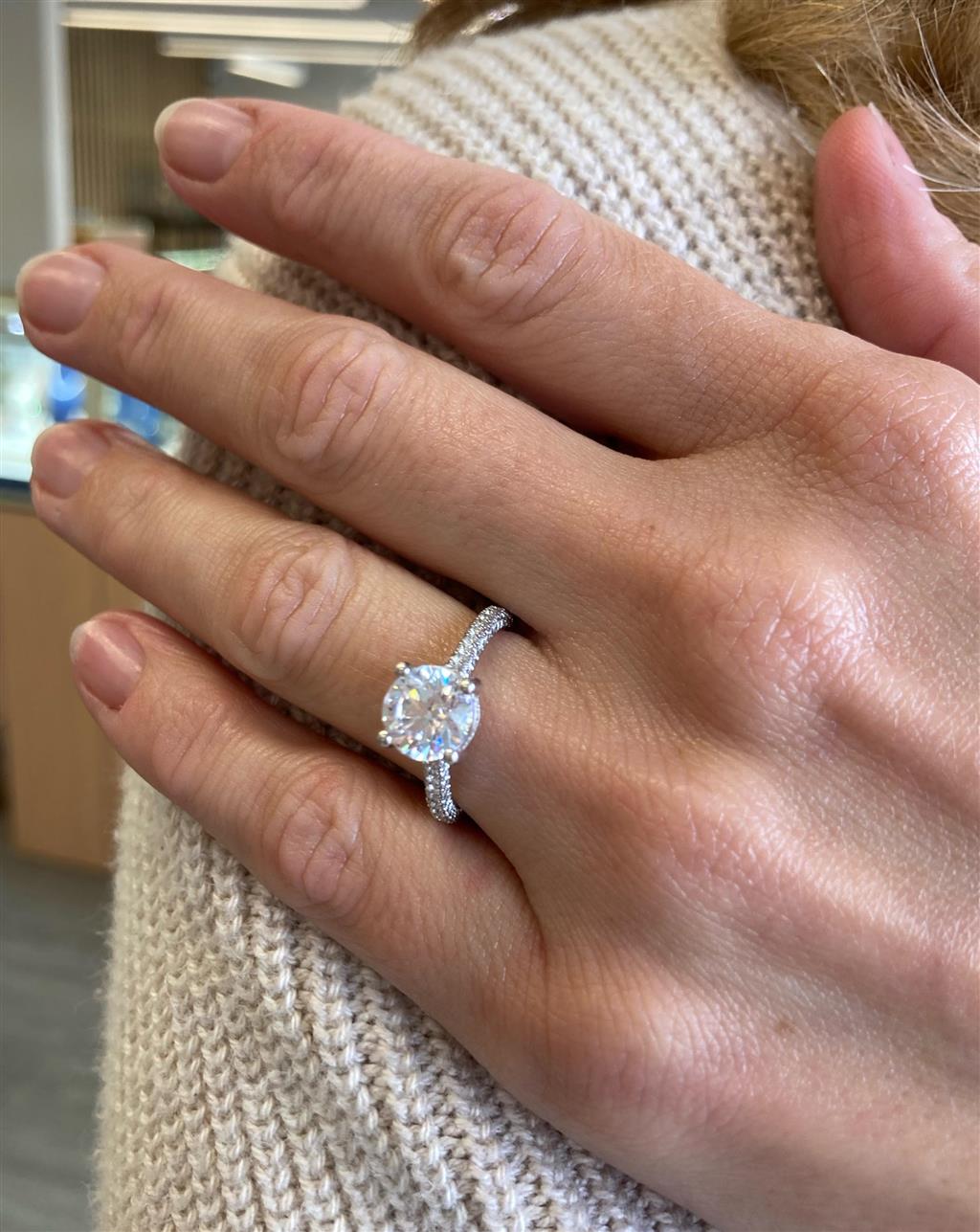 Hidden Halo Engagement Semi-Mount Diamond 18K White Gold 3-Sided Shank Pave Engagement Ring