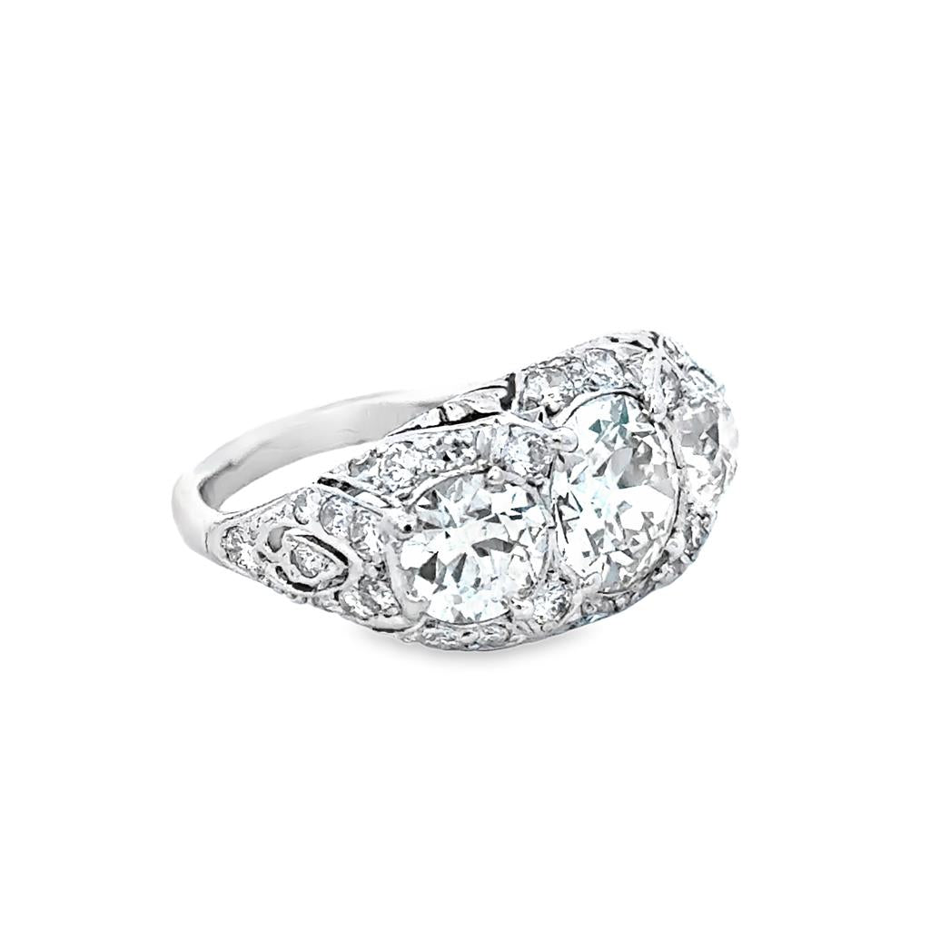 Art Deco Platinum 3-Stone Diamond Ring – 1.42 CT Center, 1.50 CTW Sides