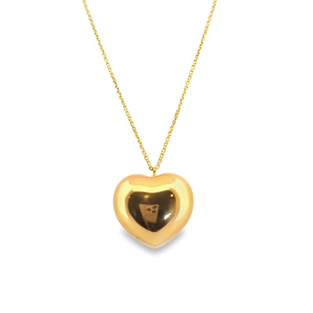 14K Yellow Gold Puff Heart Pendant Necklace, 18mm Wide