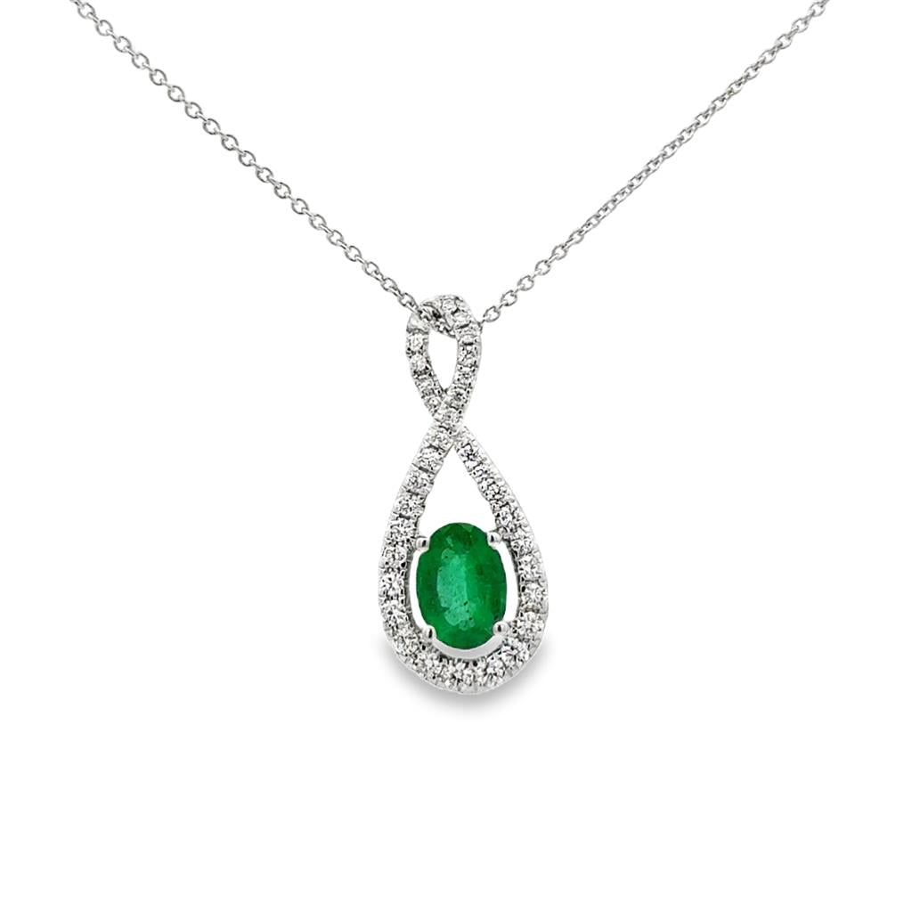 .68ct Oval Emerald & Diamond Infinity-Style Pendant Necklace – 14K White Gold