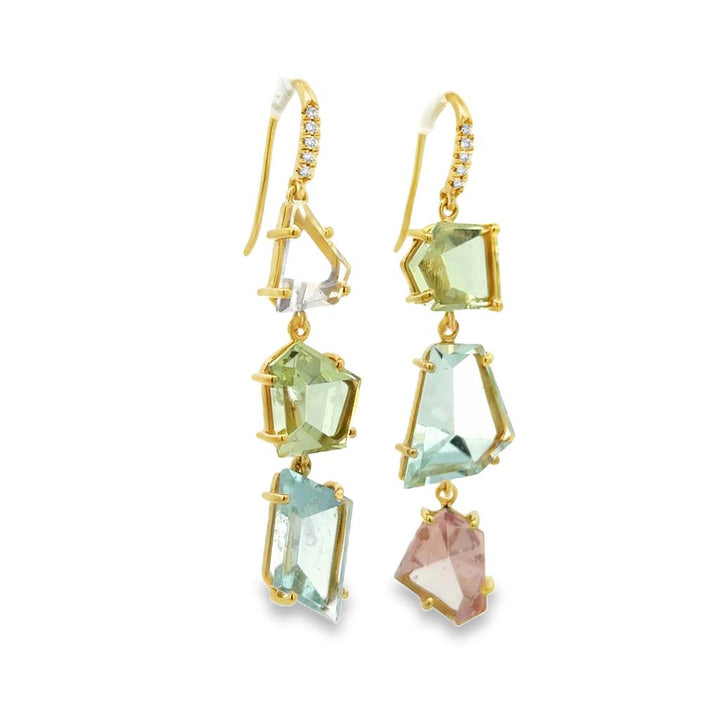 Green Beryl, Aquamarine, Kunzite & Diamond 14K Yellow Gold Abstract Dangle Earrings