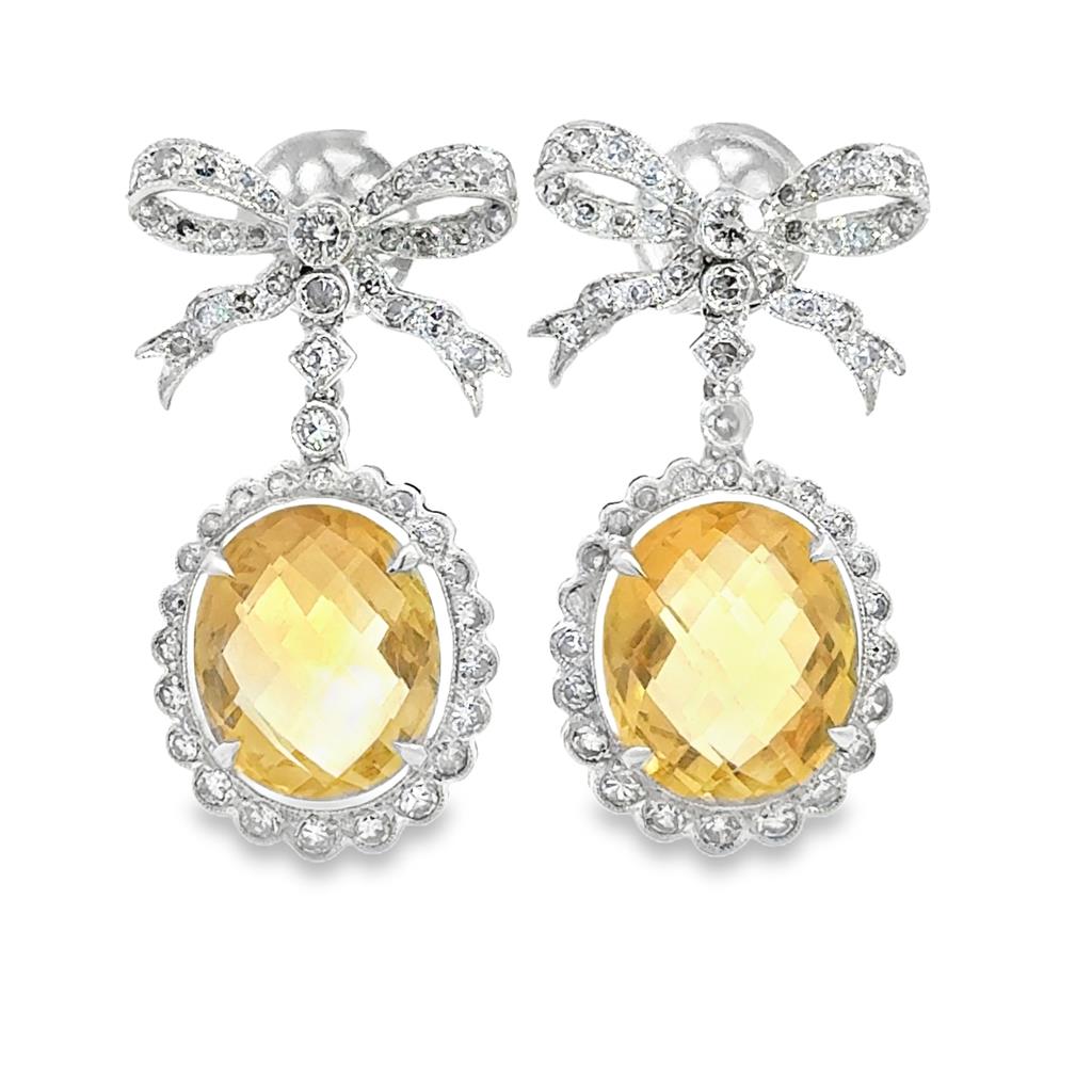 1.75ctw Diamond & Large Citrine Bow Drop Earrings – 18k White Gold