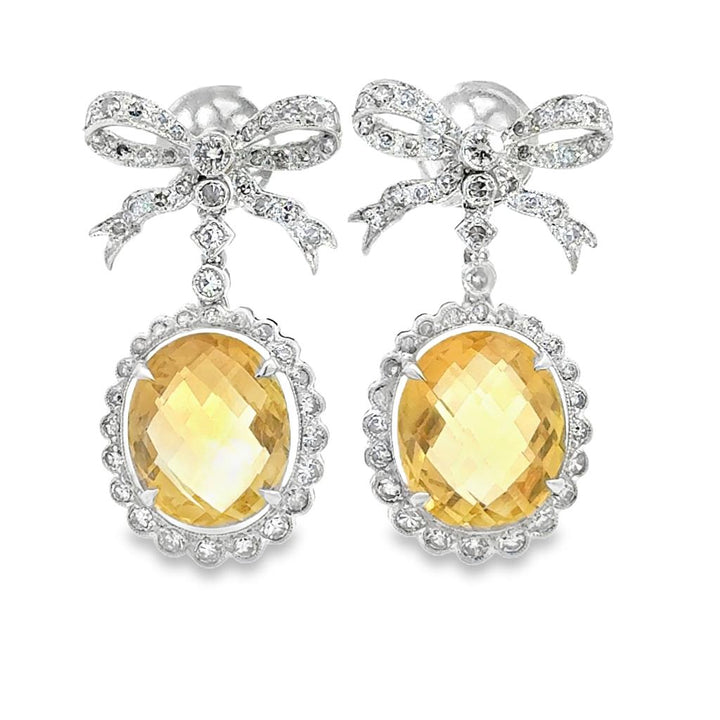 1.75ctw Diamond & Large Citrine Bow Drop Earrings – 18k White Gold