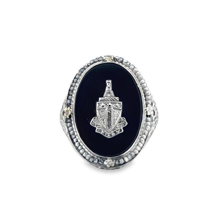 Vintage 14K White Gold Onyx & Seed Pearl Ring