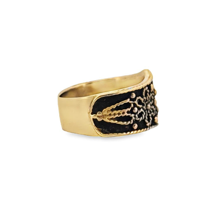 Floral Oxidized 12mm Wide Band Ring in 14K Yellow Gold