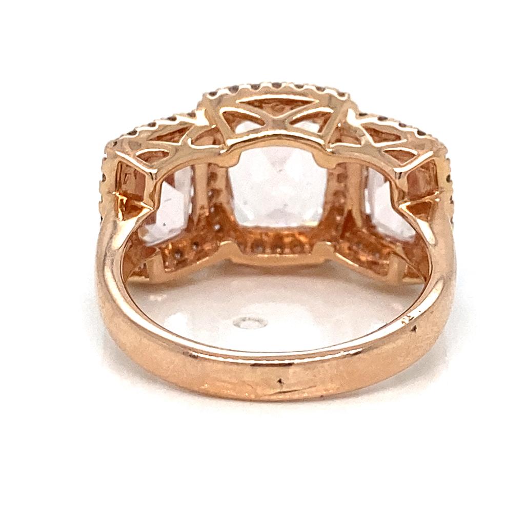 5.47 CTW Morganite Three Stone Diamond Halo Ring