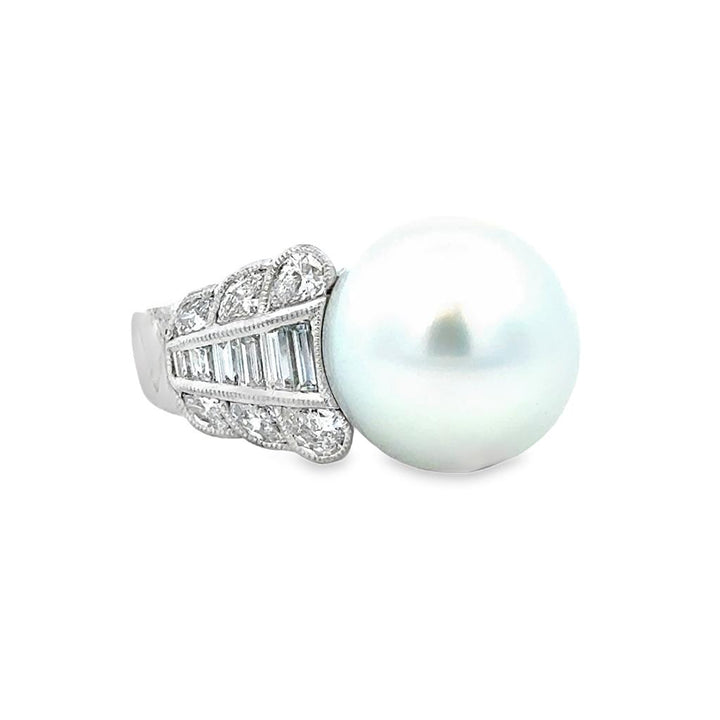 1.44 CTW Diamond and 14mm White Pearl 18K White Gold Ring