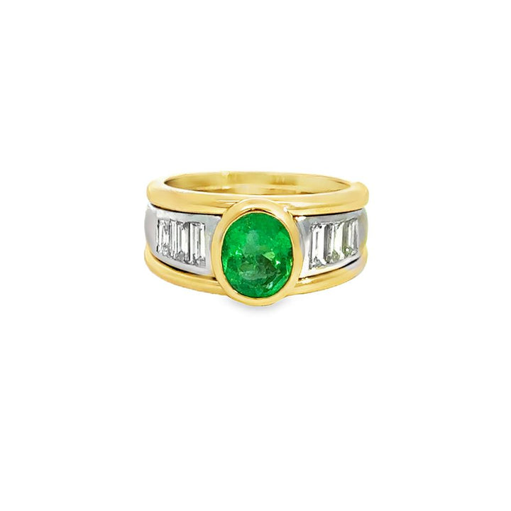 Oval Emerald & Baguette Diamond 18K Yellow Gold & Platinum Ring
