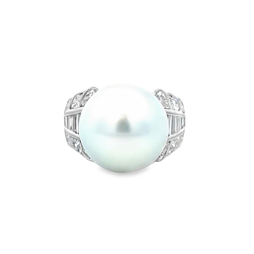 1.44 CTW Diamond and 14mm White Pearl 18K White Gold Ring