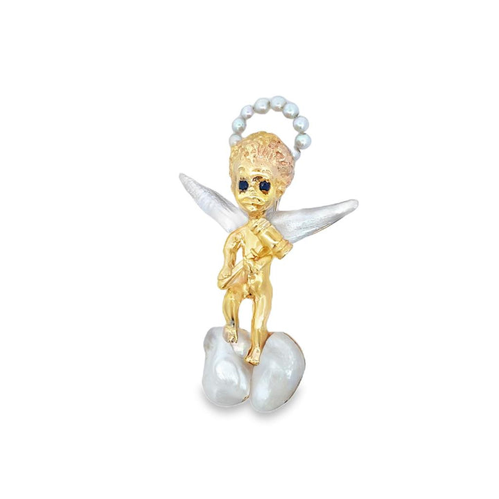 Vintage Angel Brooch Pin with Pearl Halo and Sapphire Eyes in 14K Yellow Gold