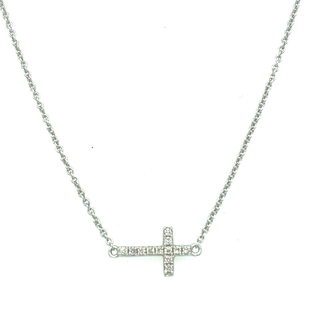 White Gold Sideways Diamond Cross Necklace