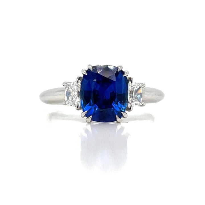 2.67ct Cushion Cut Blue Sapphire Ring with .37ctw Trapezoid Diamonds set in Platinum