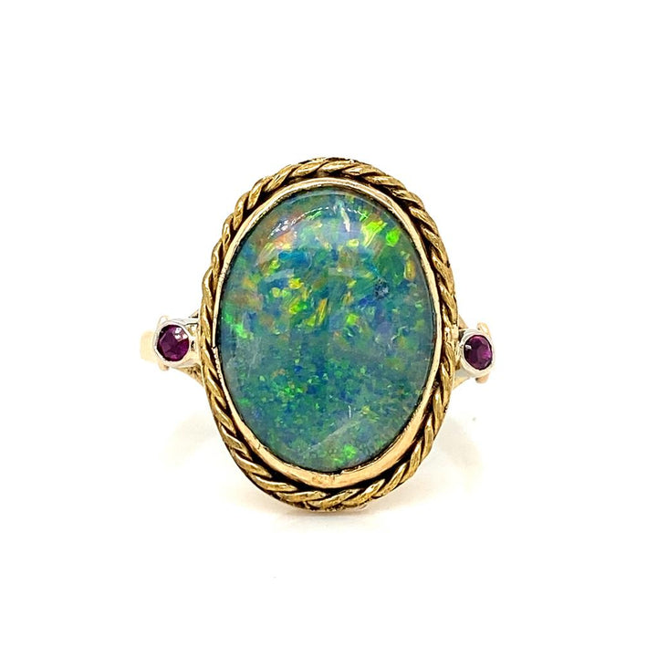 Black Opal Doublet and Ruby Ring