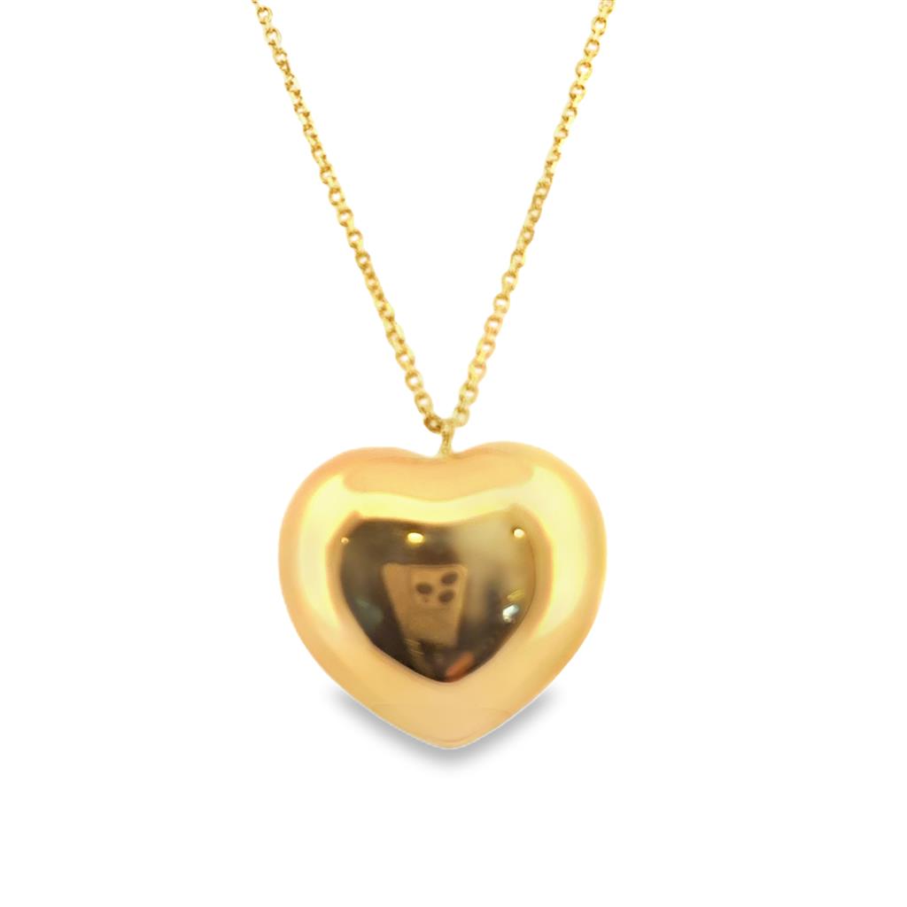 14K Yellow Gold Puff Heart Pendant Necklace, 18mm Wide