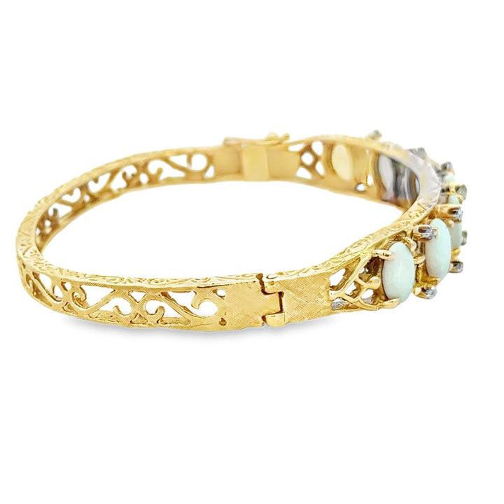 0.12 CTW Diamond & Oval Opal 14K Yellow Gold Ornate Hinged Bangle Bracelet