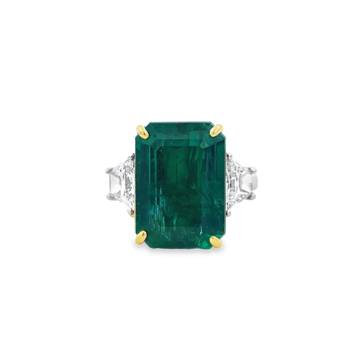 12.89 CT Emerald & 1.23 CTW Diamond 18K Two-Tone Gold 3 Stone Ring