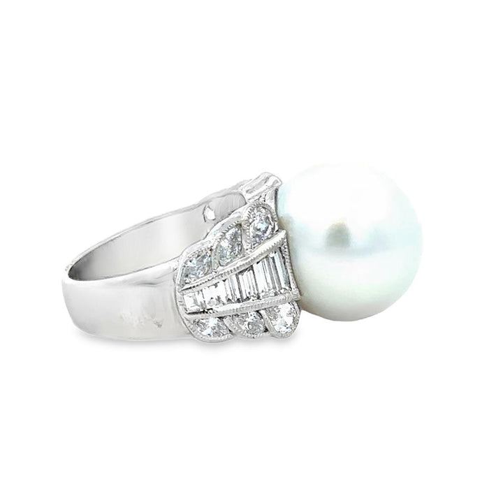 1.44 CTW Diamond and 14mm White Pearl 18K White Gold Ring