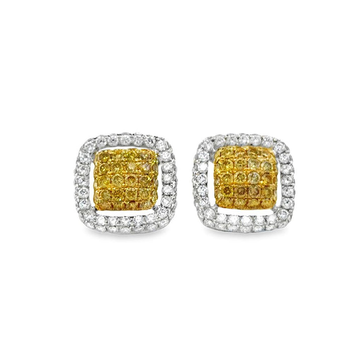 3.06 CTW White and Fancy Yellow Diamond 18K Two-Tone Gold Stud Earrings
