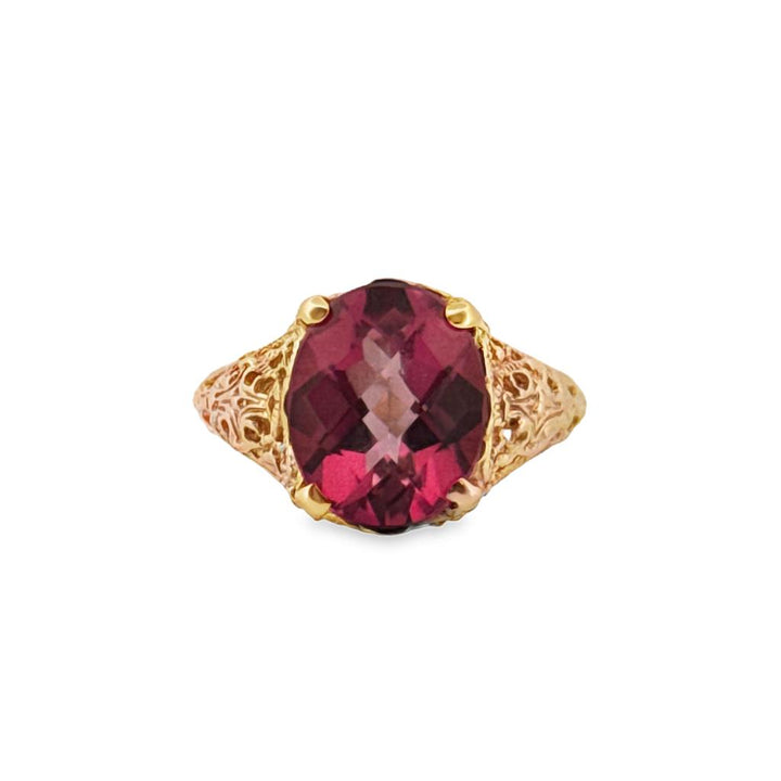 Pink Topaz Filigree Ring 10K Yellow Gold, 11x9mm Stone