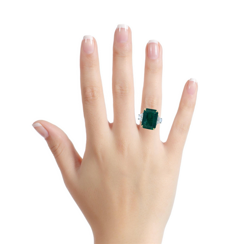 12.89 CT Emerald & 1.23 CTW Diamond 18K Two-Tone Gold 3 Stone Ring