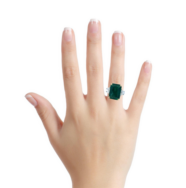 12.89 CT Emerald & 1.23 CTW Diamond 18K Two-Tone Gold 3 Stone Ring