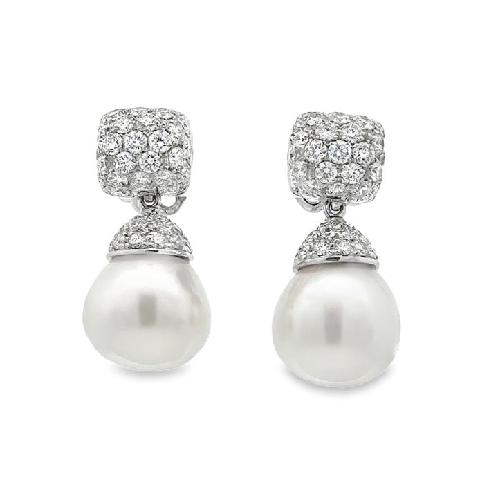 12MM South Sea White Pearl & 3.00 CTW Diamond 18K White Gold Drop Earrings
