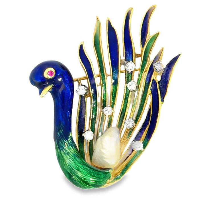 0.30 CTW Diamond, Ruby & Enamel Peacock Brooch – 18K Yellow Gold Vintage French