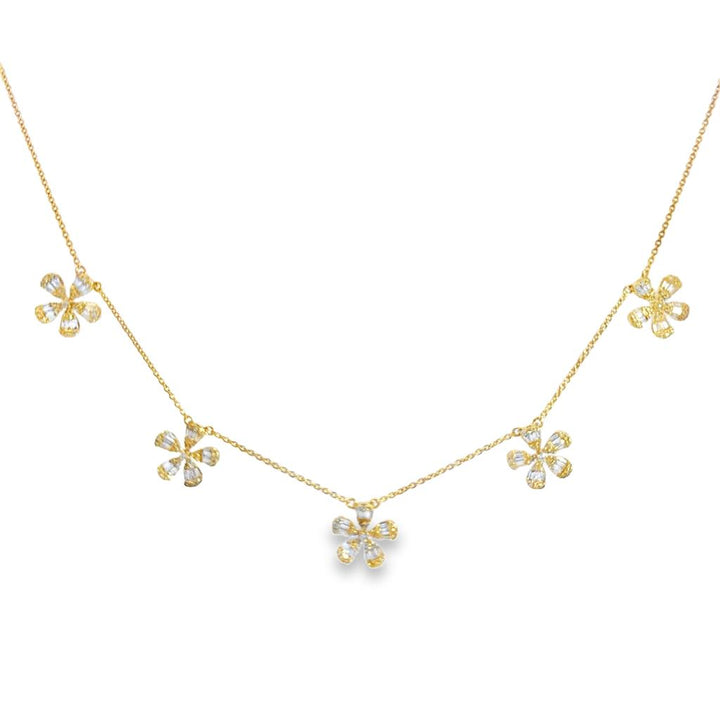 1.00 CTW Diamond Flower Station Necklace in 14K Yellow Gold