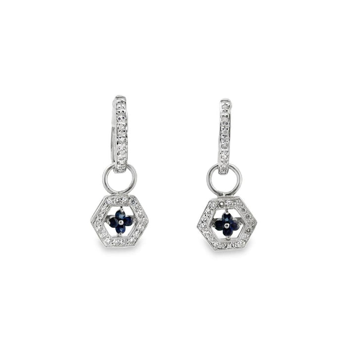 0.25 CTW Diamond & Sapphire Hexagon Drop Earrings in 14K White Gold – 1" Long, Convertible Hoops