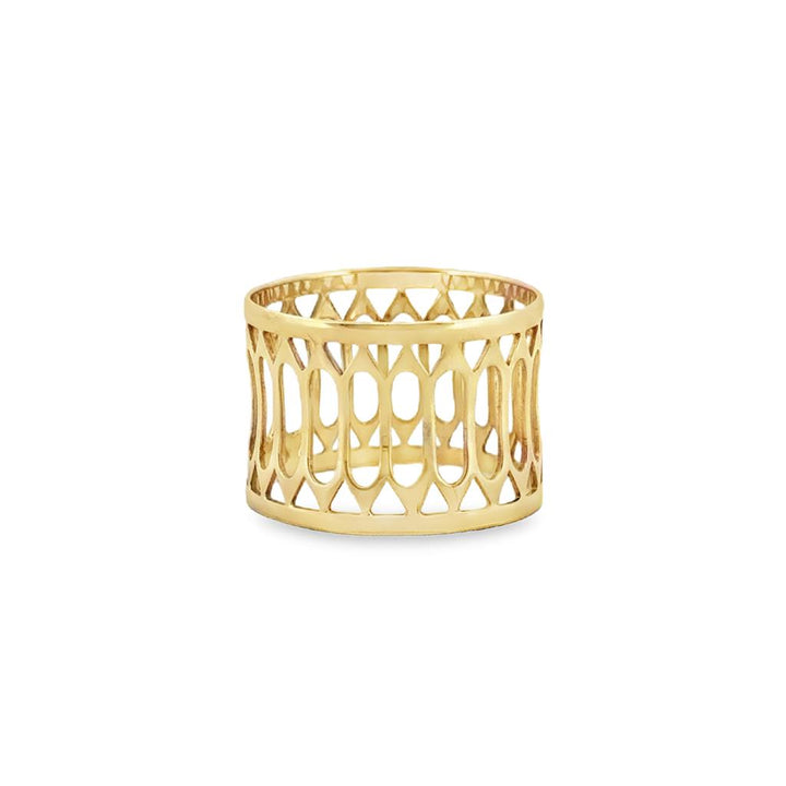 9K Gold 13mm Wide Openwork Band Ring – Size 6.5