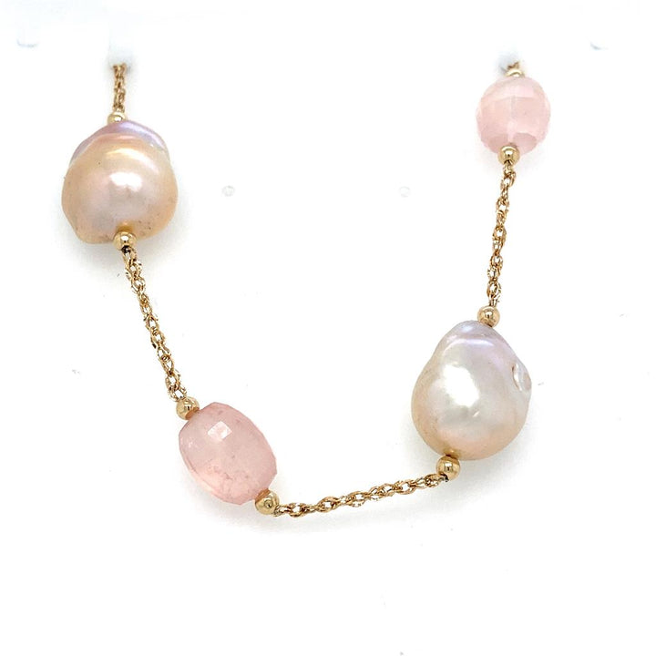 Yellow Gold Pearl and Pink Quartz Bracelet