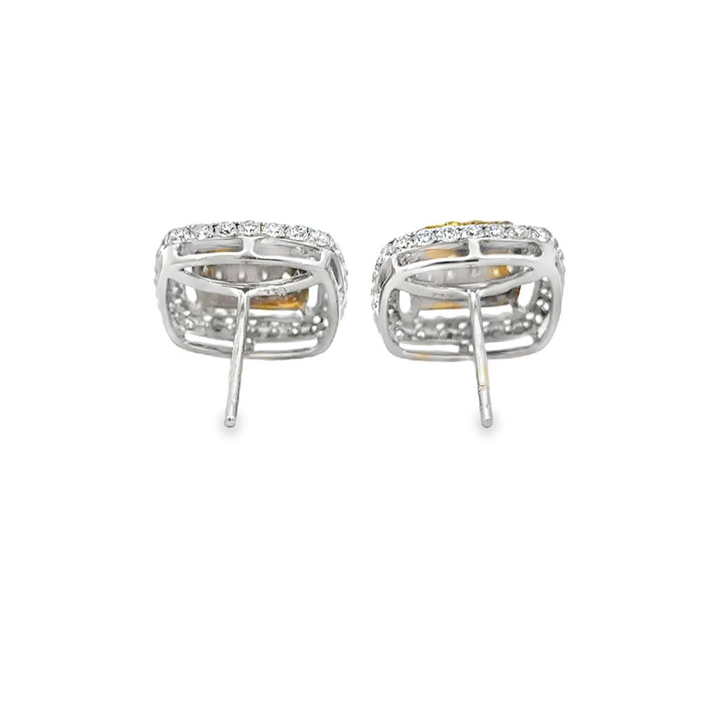 3.06 CTW White and Fancy Yellow Diamond 18K Two-Tone Gold Stud Earrings