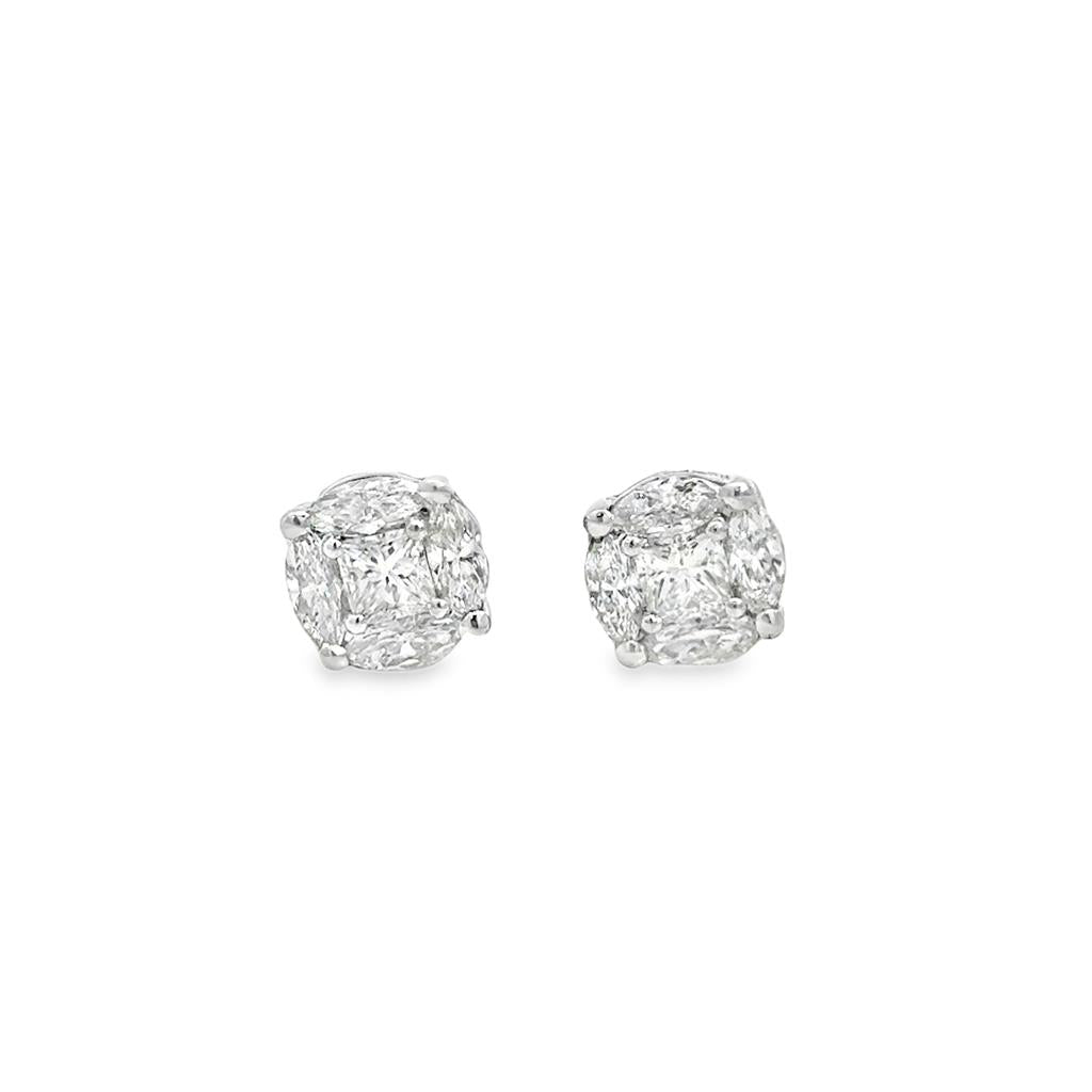 Diamond Cluster Stud Earrings – 1.75 CTW, 18K White Gold