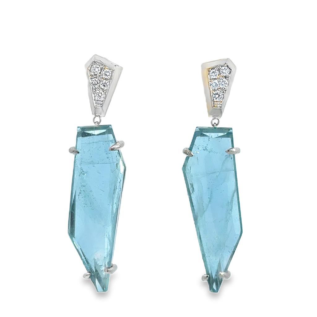 14K White Gold Aquamarine & Diamond Geometric Drop Earrings – 1.25" Long