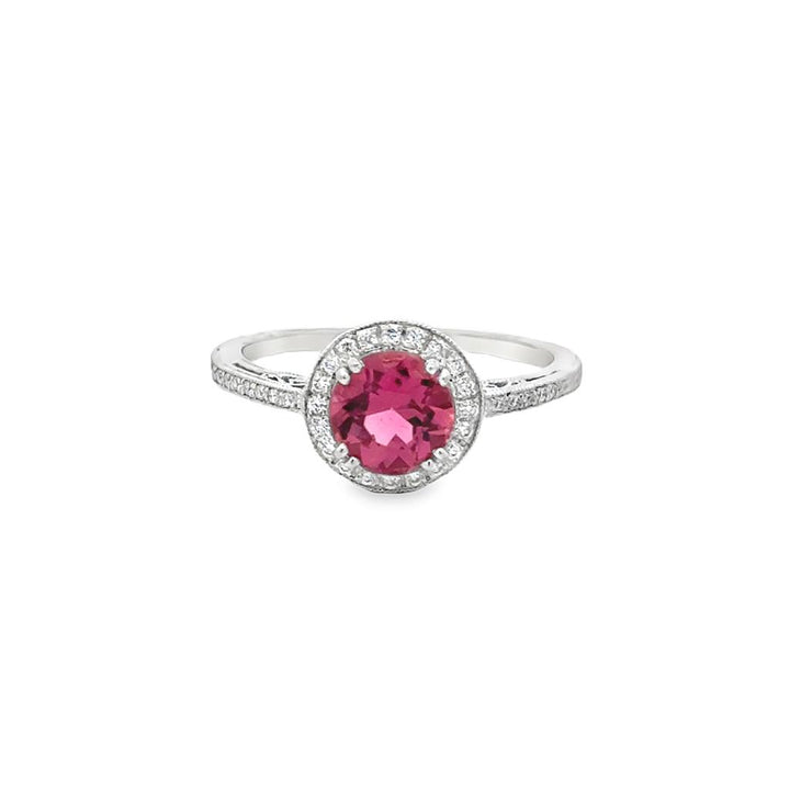 18K White Gold Pink Tourmaline & Diamond Halo Ring – Size 6