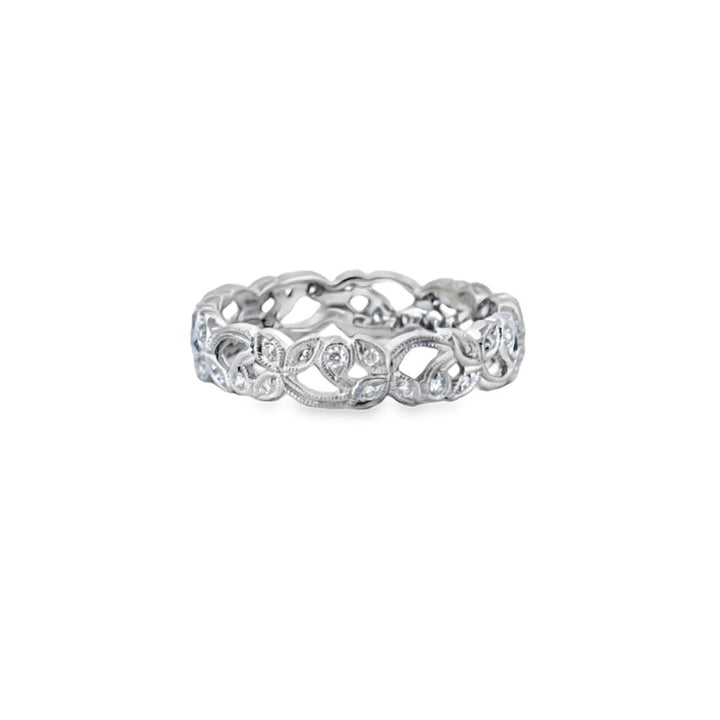 0.20 CTW Diamond Floral Band Ring – 18K White Gold, 4mm Wide