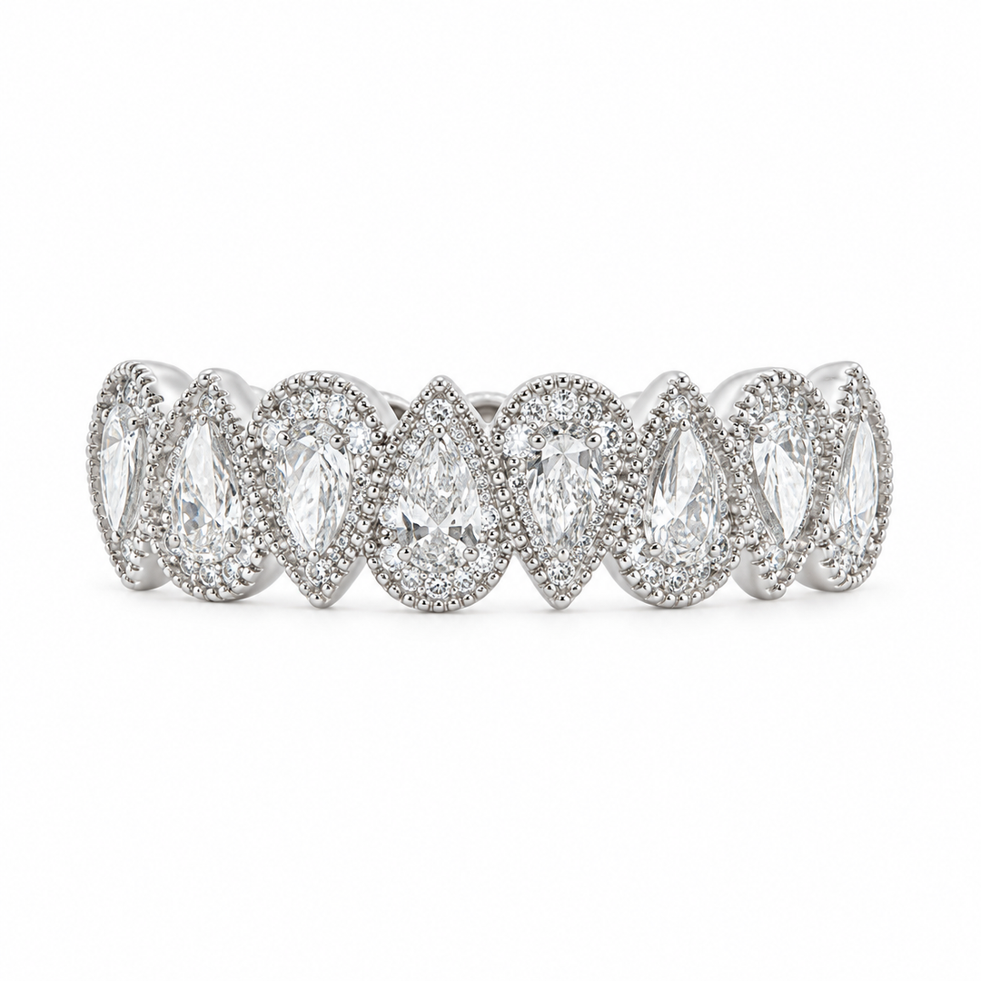 1.14 CTW Pear-Shaped Diamond Milgrain Band in 14K White Gold, 5mm Wide, Size 6.5