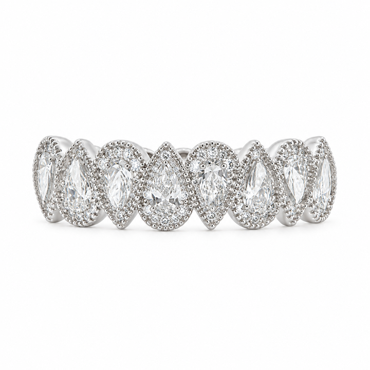 1.14 CTW Pear-Shaped Diamond Milgrain Band in 14K White Gold, 5mm Wide, Size 6.5