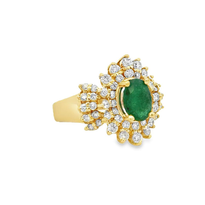 Pre-Owned 0.75 CTW Diamond & Emerald 14K Yellow Gold Cluster Ring