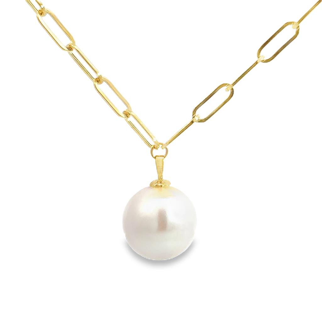 15mm Freshwater Pearl Pendant Necklace in 14K Yellow Gold on Paperclip Chain