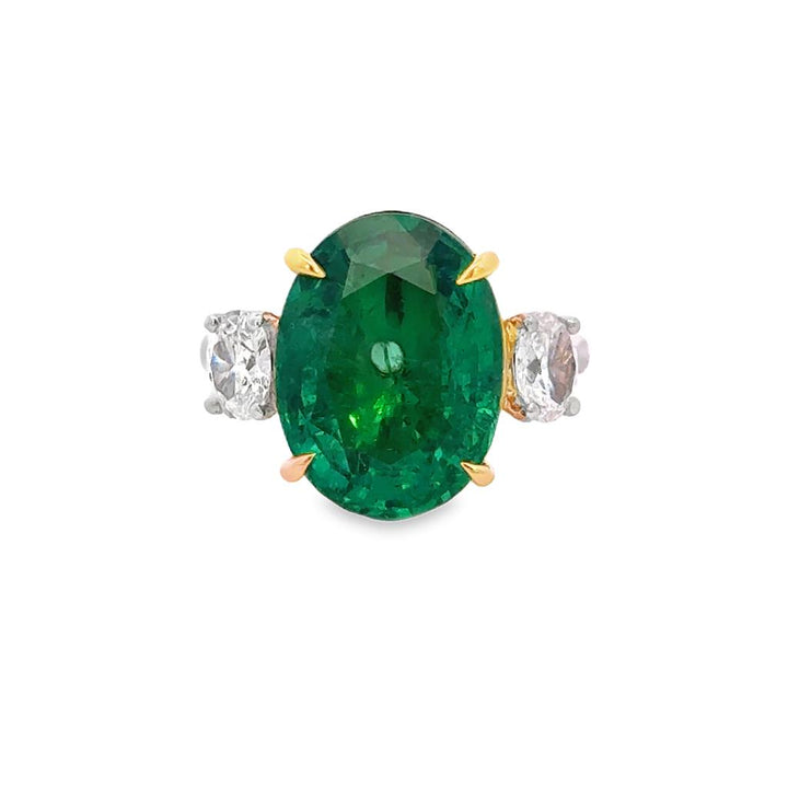 7.05 CT Oval Emerald & 0.70 CTW Diamond Platinum & Yellow Gold 3 Stone Ring - AGL