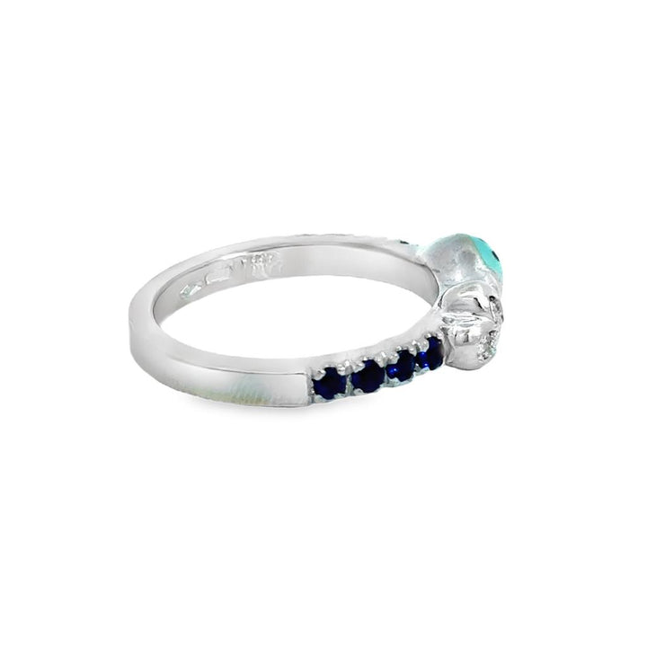 0.06 CTW Diamond Heart & Enamel Ladybug Ring in 18K White Gold with Blue Sapphires