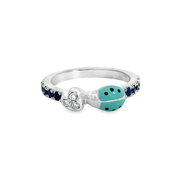 0.06 CTW Diamond Heart & Enamel Ladybug Ring in 18K White Gold with Blue Sapphires