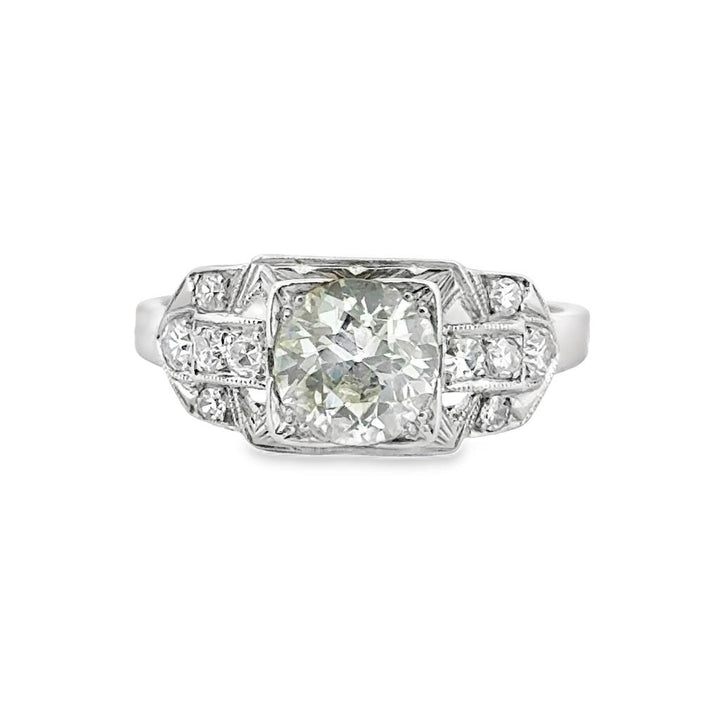 0.91 CT Old European L VS2 Diamond 0.20 CTW Round Diamonds Platinum Engagement Ring