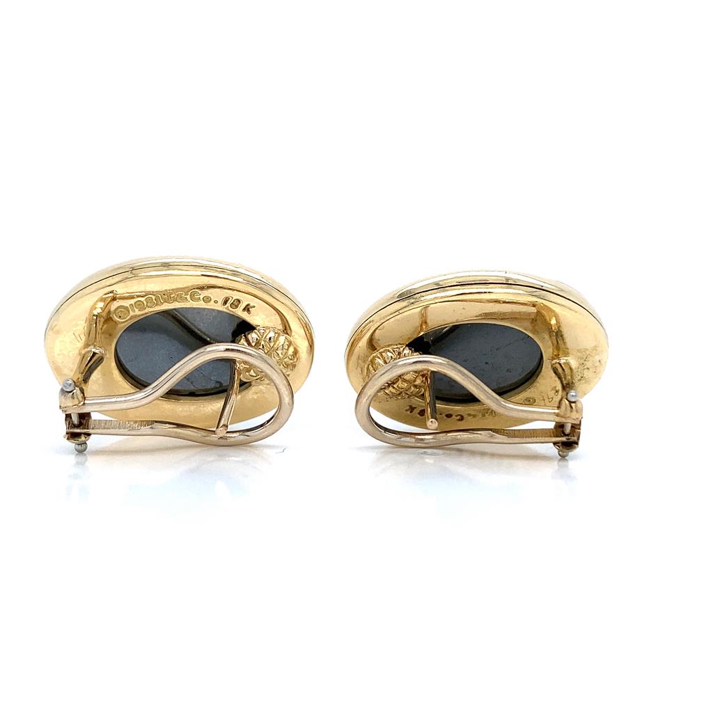 Tiffany & Co. Vintage Oval Cabochon Hematite Bezel Set Yellow Gold Earrings