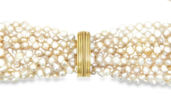 Elizabeth Gage Multi-Strand Pearl Necklace with 18K Yellow Gold Clasp