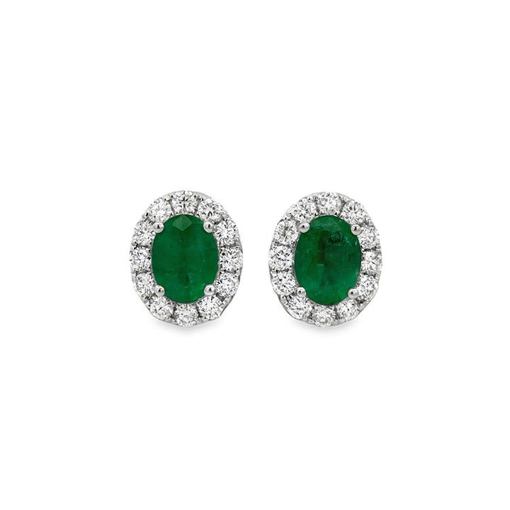 2.29 CTW Emerald & 1.01 CTW Diamond Halo Oval Stud Earrings in 14K White Gold – 12mm