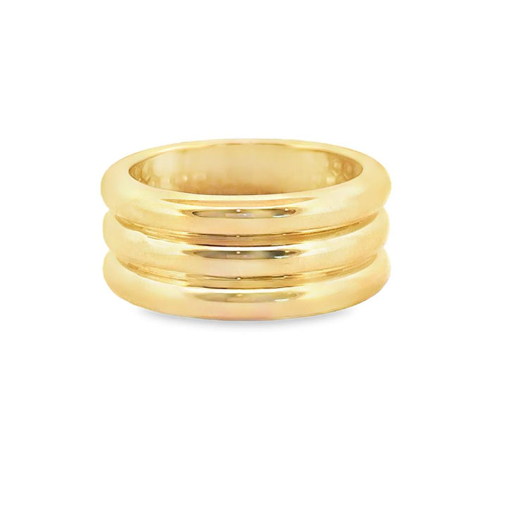 14K Yellow Gold Wide Triple Ridge Band Ring, 9.5mm